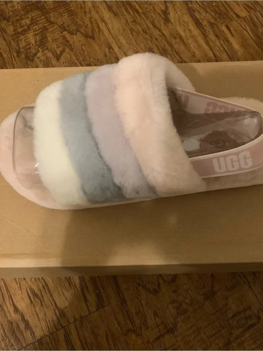 UGG Pastel Stripe Fluff Slide in Cream, Light Blue, Blush